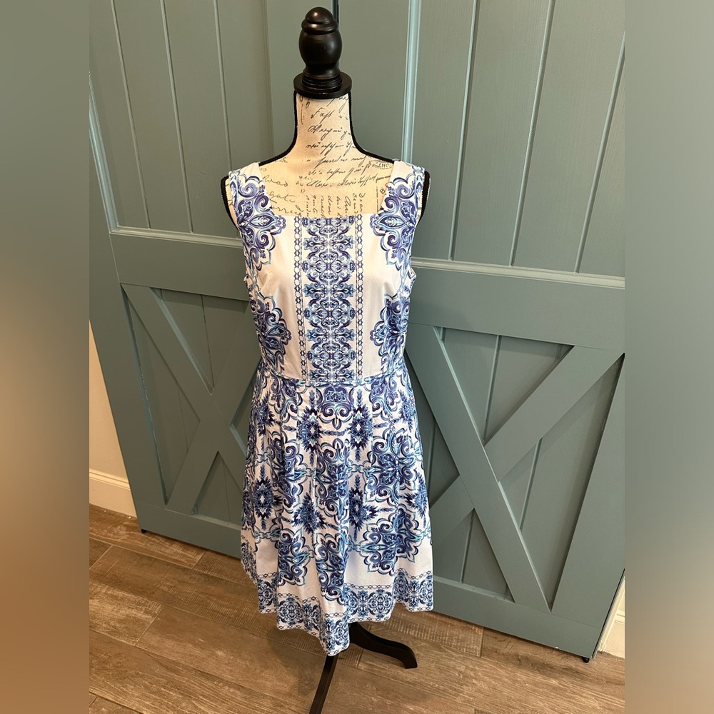 Talbots Grecian Tile Blue and White Dress